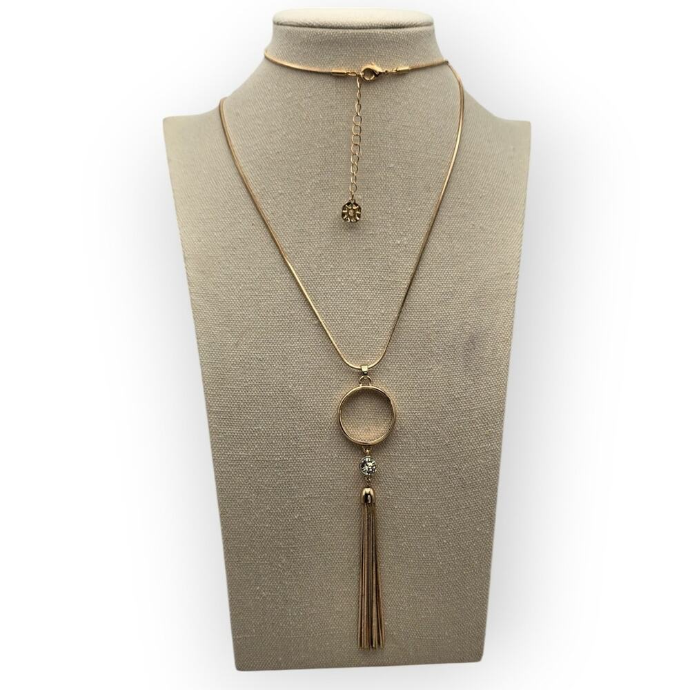 Monet Gold Tassel Pendant Necklace Long Drop Circle Charm NWT – Elegant Modern